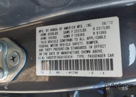 2012 Honda Accord 2.4 Lx z USA, uszkodzony, nr VIN 1HGCP2F38CA182634